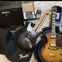 Fender Strat (Squire), Ibanez AF-95, Boss Amp, 2  NEW F/X Pedals.