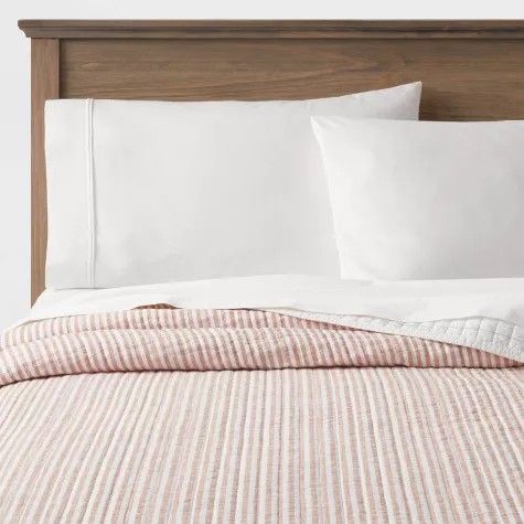 NEW Threshold Reversible Cotton Stripe Quilt In Terracotta Color Size FULL/QUEEN
