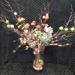 Large Thick Glass Floral Fruit & Stones Vase Accent Display