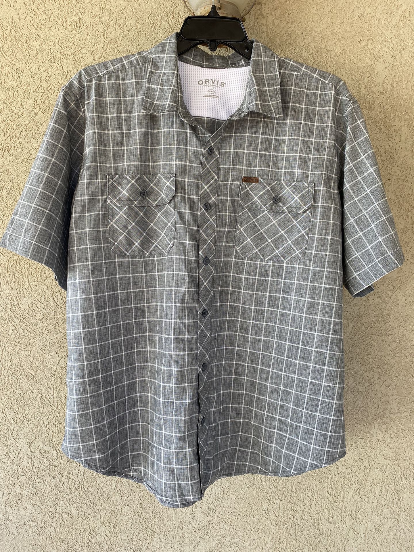 ORVIS Mens Tech Shirt XXL Gray Plaid Button Up Quick Dry Short Sleeve - NWOT