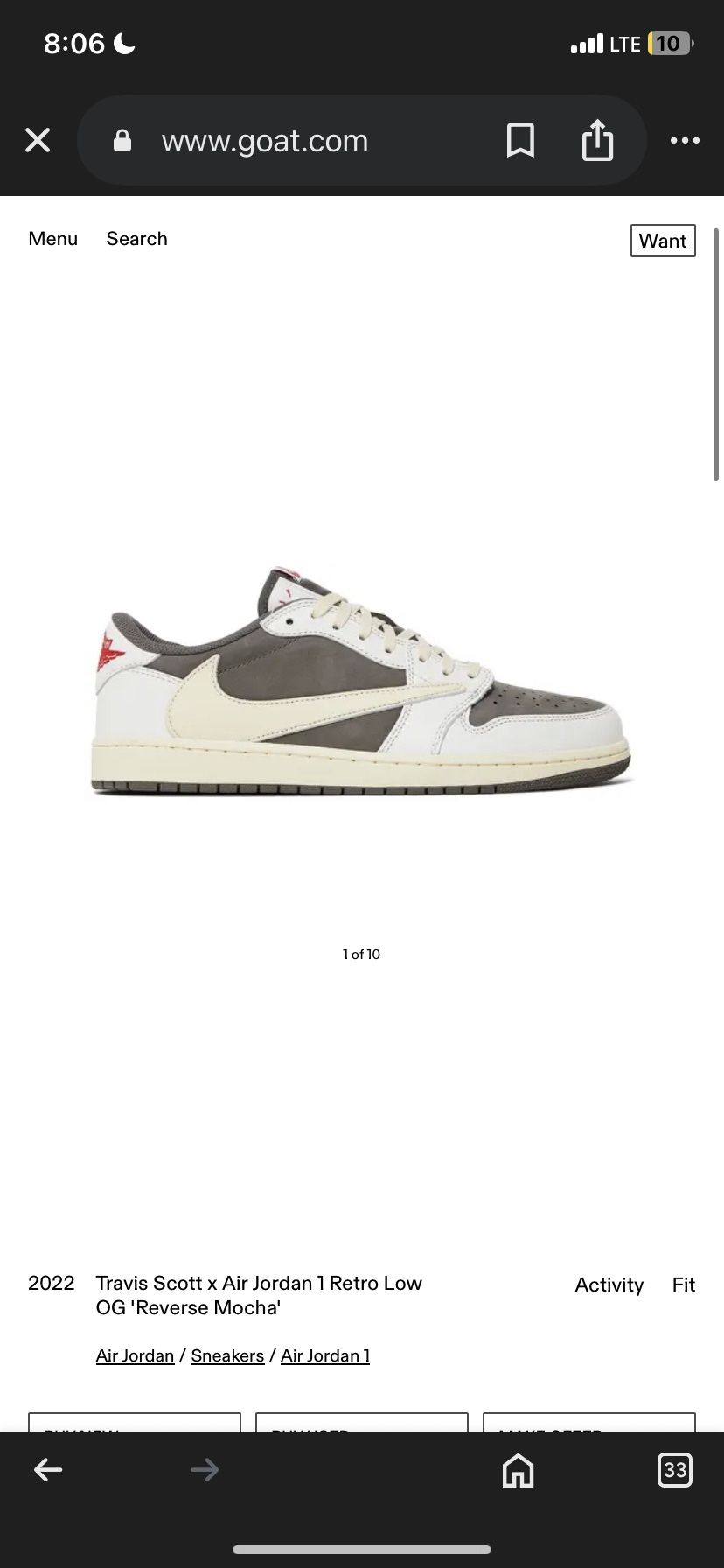 Travis Scott x Air Jordan 1 Low OG “Reverse Mocha” - Size 10