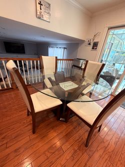 54” Round Glass Dining Table with 4 Leather Chairs – Modern Contemporary Dining Set