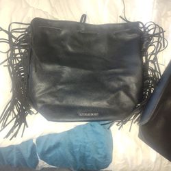 Black Leather Victoria's Secret Bag With Fringes On Sides