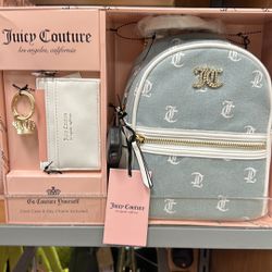 Juicy couture mini backpack, denim white lining, card holder and crown key chain set 