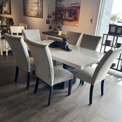 Black/White 7PC Marble Dining Room Set 