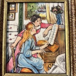 Vintage Artini Engraving Hand Etched Painting 12" x 14"  Mother & Daughter