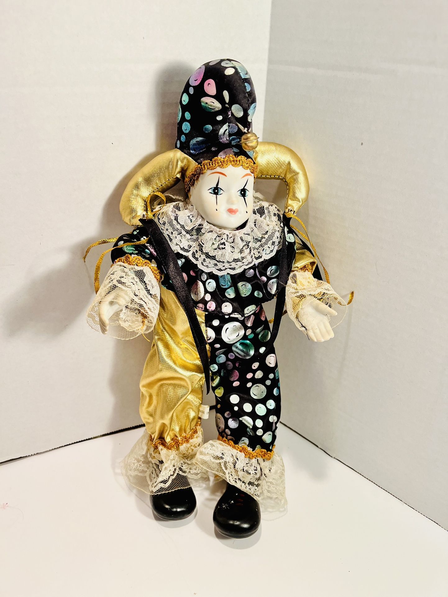 Beautiful Harlequin Jester Doll Black Gold Sequins Sits/Stands 12.5”