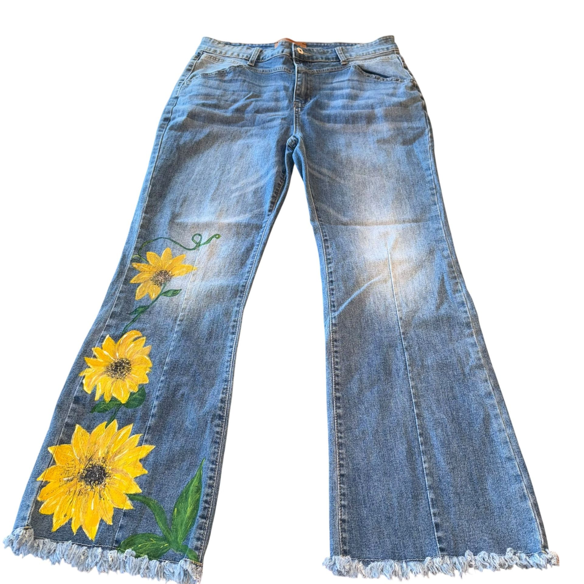 Reworked Upcycled Womens Jeans High Rise Flair Bottom Boho Hippie Hand Painted These Reworked Upcycled Women's Jeans feature a high-rise fit with a