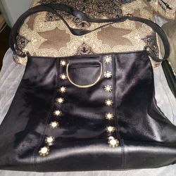 Black Leather Shoulder Bag with Studded Detail