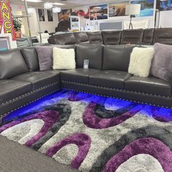 L-shaped Gray Gel Leather Sectional Couch W/built-in LED Lights For Sale (we Deliver)