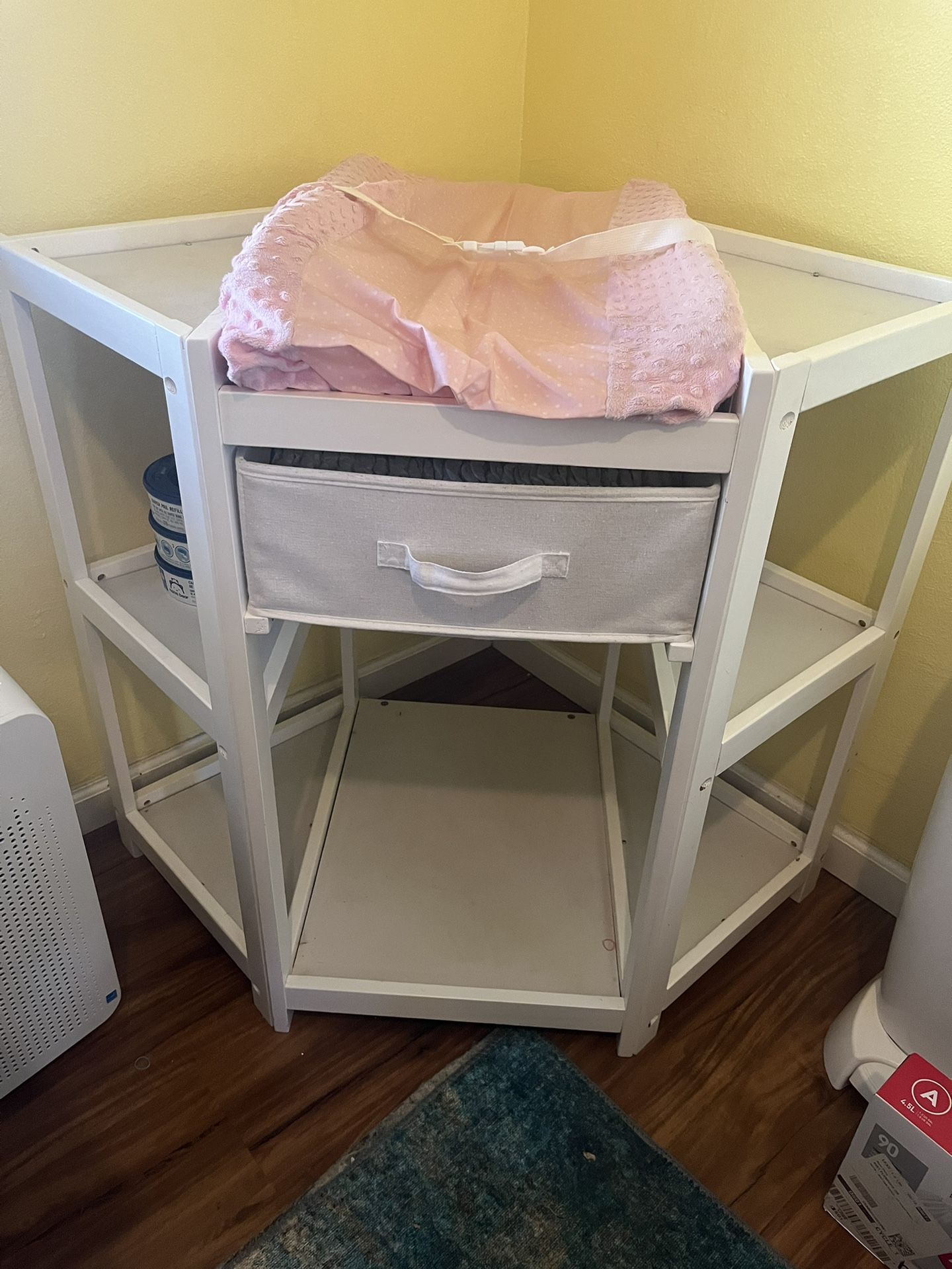 Badger Basket Corner Diaper Changing Table with Laundry Hamper, Storage Bin, and Contoured Pad for Baby - White