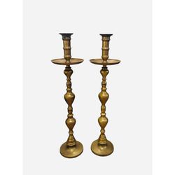 Brass Pillar Etched Candle Holder Pair 