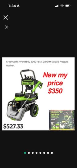 New in box Greenworks Hybrid 60V 3000 PSI at 2.0 GPM Electric Pressure Washer $350 firm cash only East Palmdale off 47th &R8 Address will be provid