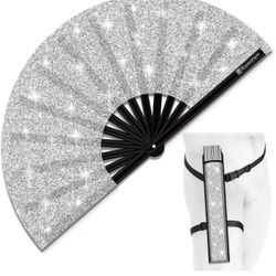 Silver Glitter Large Rave Folding Clack Hand Fan w/Holster 13” *NEW*