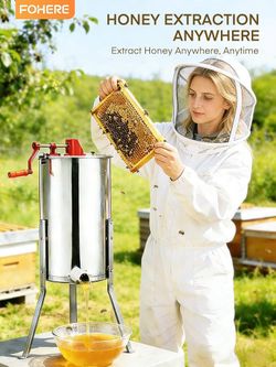 Honey Extractor, 3 Frame Food Grade Stainless Steel Manual Beekeeping Extraction, Apiary Centrifuge Equipment with Height Adjustable Stand, Perfect fo