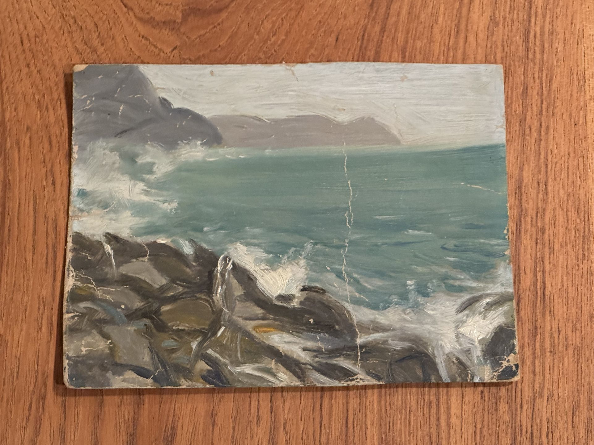 LOUISE KAMP (1(contact info removed)) Superb c1940s Rocky Seascape Oil Painting (Listed, NY.)