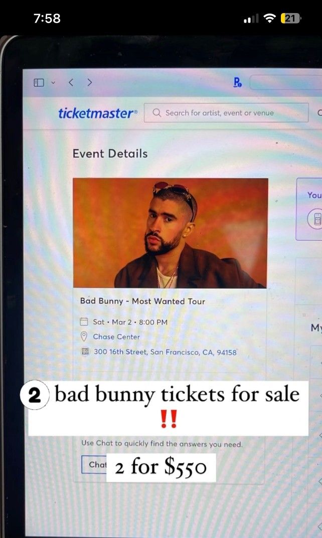 Bad Bunny Tickets $500 For 2 Tickets, San Francisco