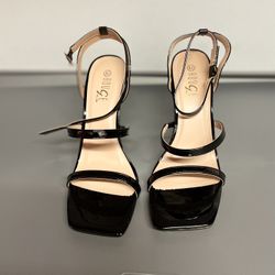 Black Square Tie Ankle Strap Heels 