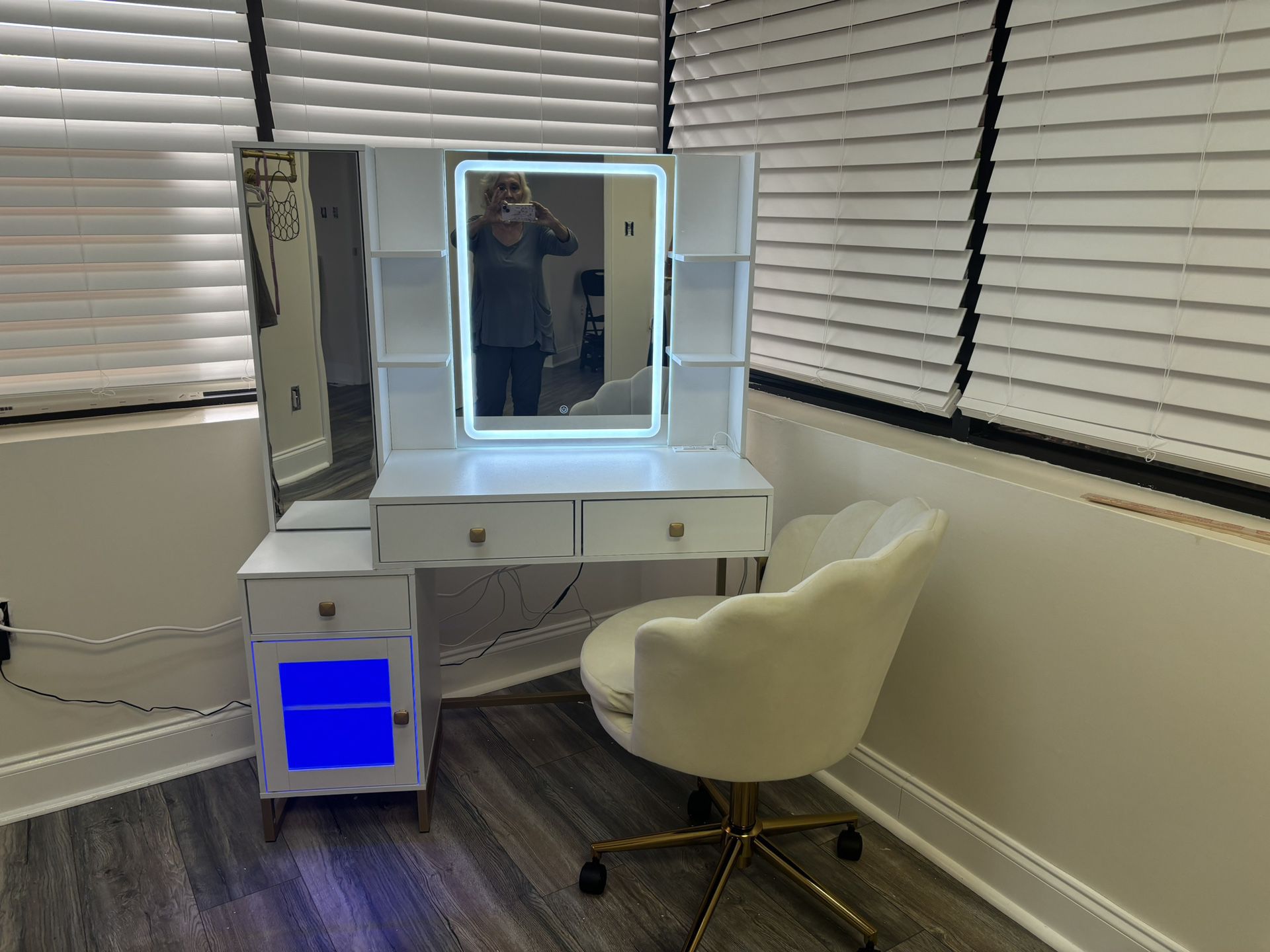 Vanity With Mirror And Lights And Swivel Chair