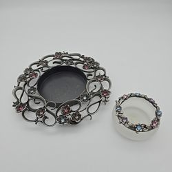 Lot of 2 Partylite Pewter Pillar Candle Holder Floral Design w/Rhinestones