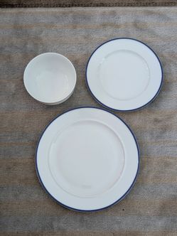 White Ceramic Dinnerware Set with Blue Rim