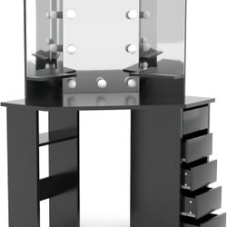 Corner Makeup Vanity Desk with Lights - Black Makeup Table with 5 Drawers and Storage Shelf, 3 Lighting Modes Brightness Adjustable, Vanity Table for 