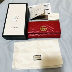 Gucci Calfskin Matelasse GG Red And Gold Marmont Long Wallet 