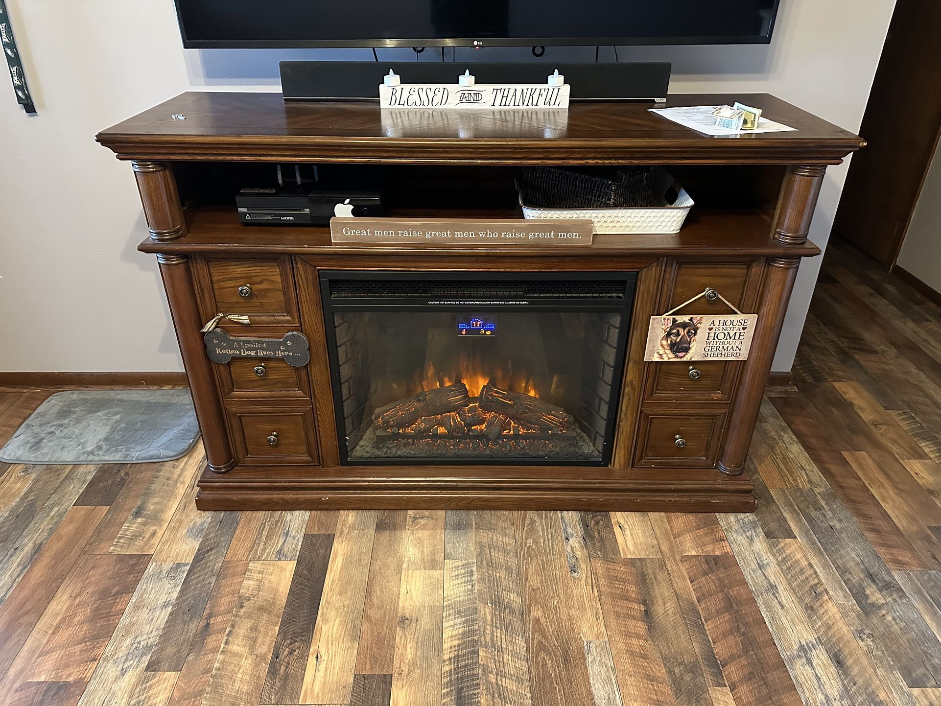 Wood entertainment center/tv stand with electric fireplace (cool/heat)