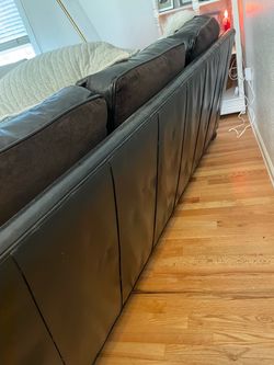 Restoration Leather Couch width 92 inches, 45 inches deep, seat depth 32 inches and seat height 17 inches.