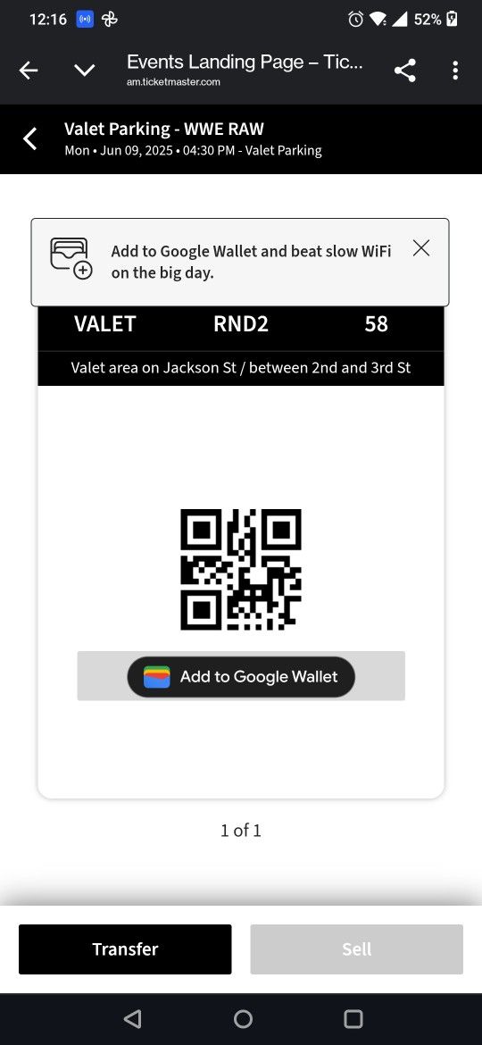 Valet Parking Pass For WWE RAW 6/9