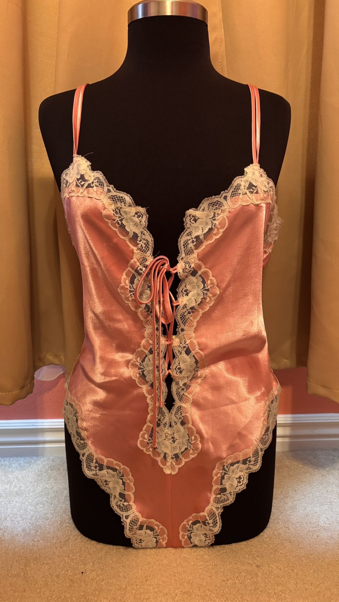 Vintage 80s Delicates Pink Satin With White Lace Onsie Size Large!