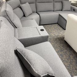 Nice Quality Grey Fabric Couch with Chase, Recliners, Speakers, Cup Holders, Glass Top - SAME DAY DELIVERY - 0 Money Down - No Credit Needed - OTHER C