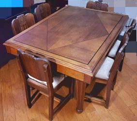Vintage Art Deco Dining Set – Table + 6 Carved Chairs