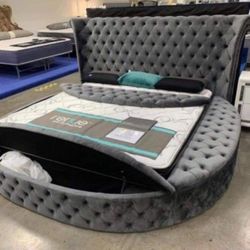 Gray Tufted Velvet Round Bed With Storage 🤩 Brand New💥