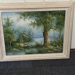 Large Original  Painting on Canvas - Tranquil Mountain River Landscape by Irene Cafieri 