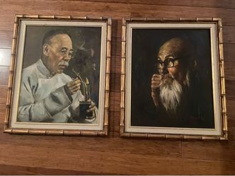 Pair of Signed Portrait Oil Paintings in Bamboo Frames