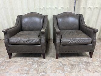 Pair of Brown Leather Nailhead Trim Armchairs