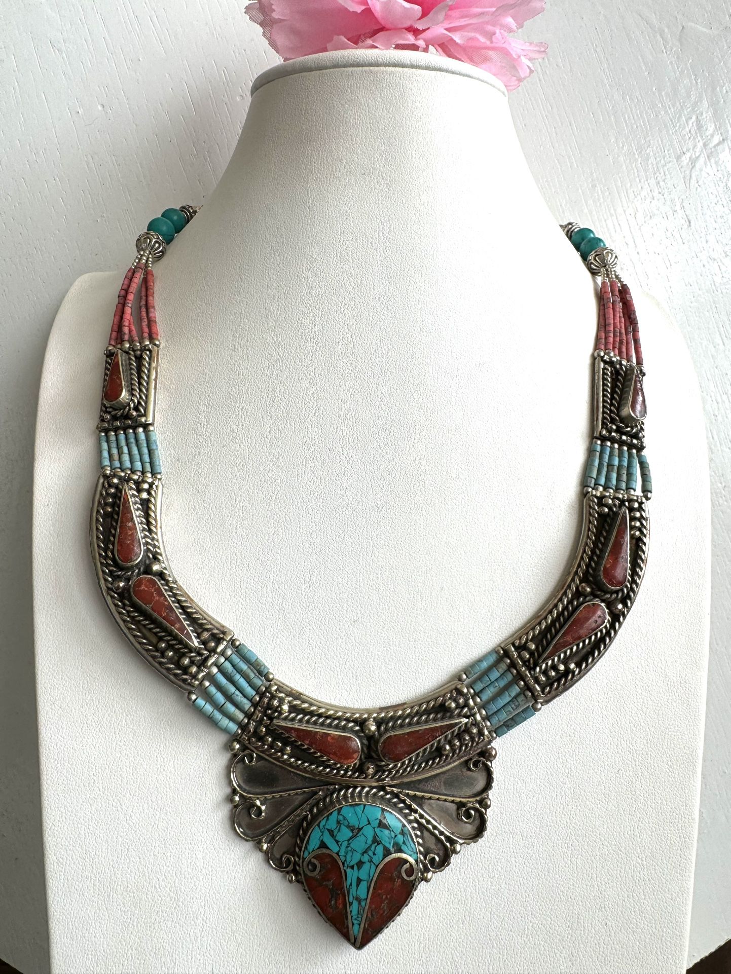 vintage tribal handmade necklace with tibetan silver 19”inch long