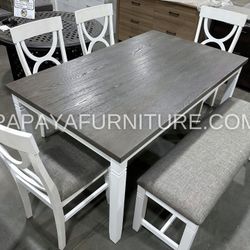 New! 6pcs White Rustic Dining Set, Dinette Set, Kitchen Table And Chairs, Table, Chairs, Bench, Casual Dining Set, Rectangular Dining Table, Dining Ro
