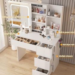 Vanity Desk with Mirror and Lights,Make Up 4 Drawers Table with Glass Door Storage Cabinet,Charger Station,3 Lighting Color Dressing Table for Bedroom