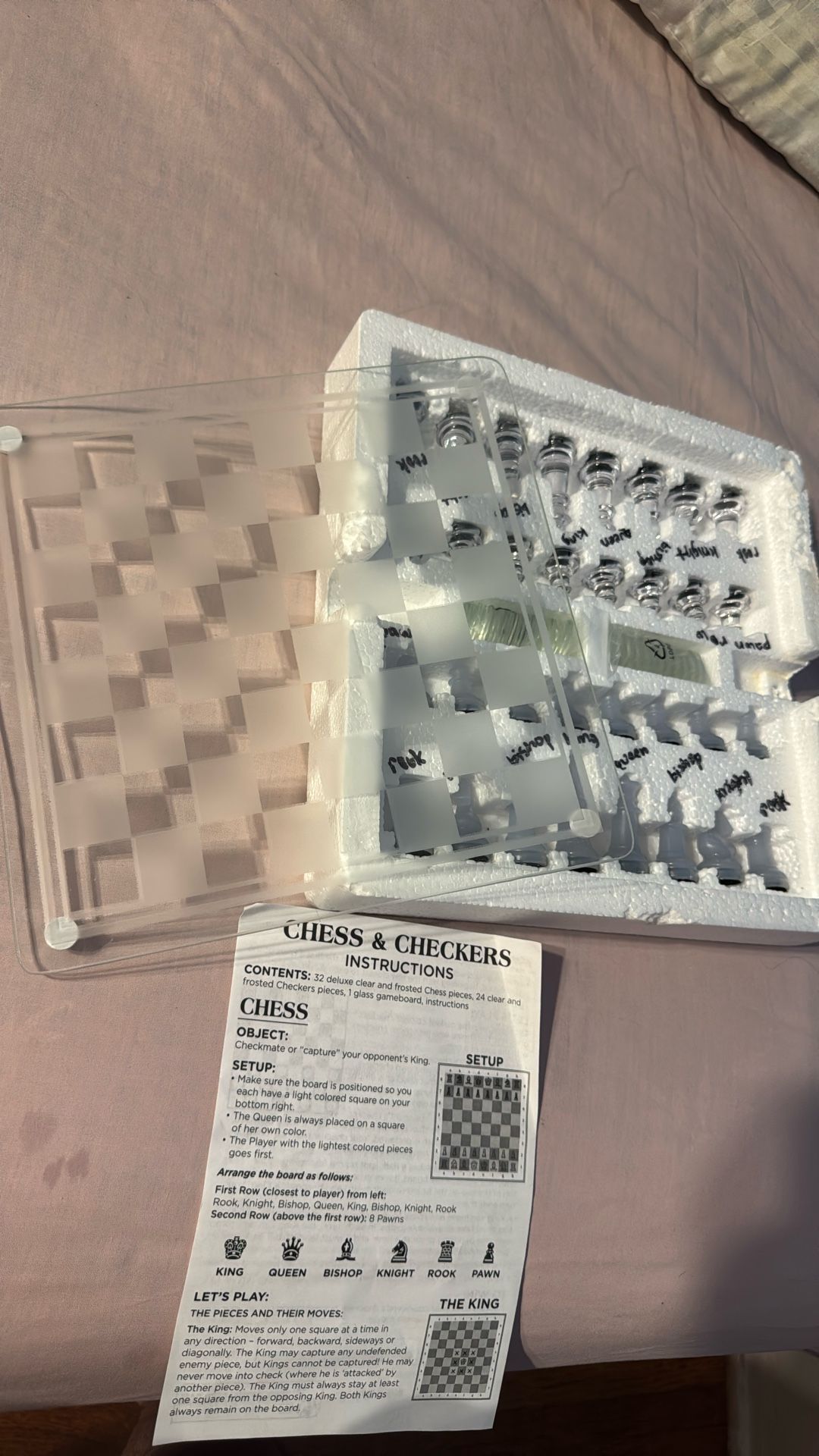 chess/checkers set with glass board