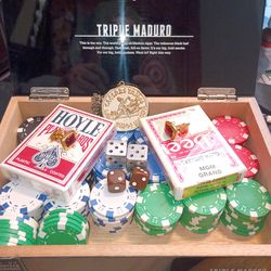 Vintage poker chips dice cards medallion and cigar box