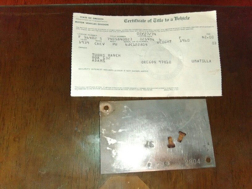 1939 1940 1941 chevy chevrolet Chevy Truck Title Vin and Plates
