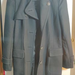 Banana Republic 100%  Wool Classic Long Pea Coat Black SZ S Petite Woman Teen