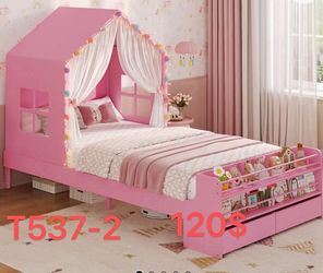 Twin Size Platform Bed Frame With 2 Storage Drawers And Open Bookshelves （T537-2）