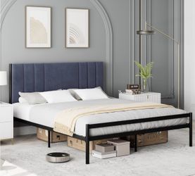 🛏️ Queen Bed Frame with Upholstered Headboard (Gray Velvet + Black Steel)