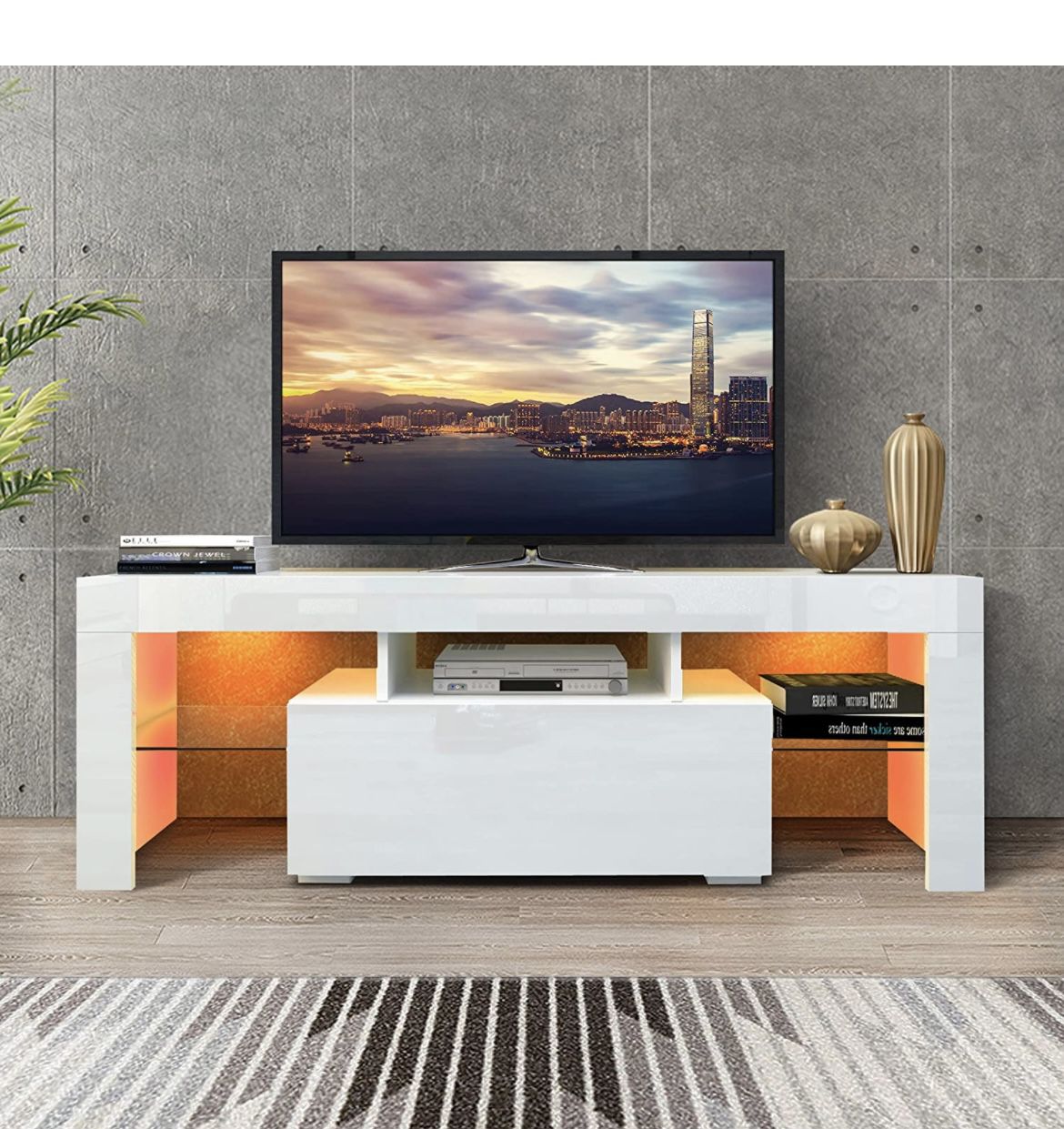 DMAITH TV Stand with LED Lights, 1 Drawer and Open Shelves High Gloss Entertainment Center Media Console Table Stora