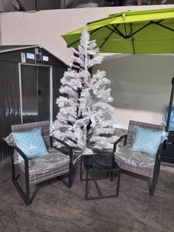 New assembled - 3 Piece Outdoor Bistro Set Rattan Conversation Chairs with coffee Table, in Grey Cushion