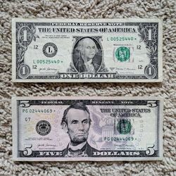 Set of two fancy serial number Federal Reserve Bank $1 & $5 STAR notes