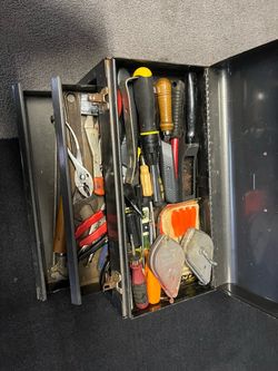 Metal Tool Box Filled with Hand Tools
